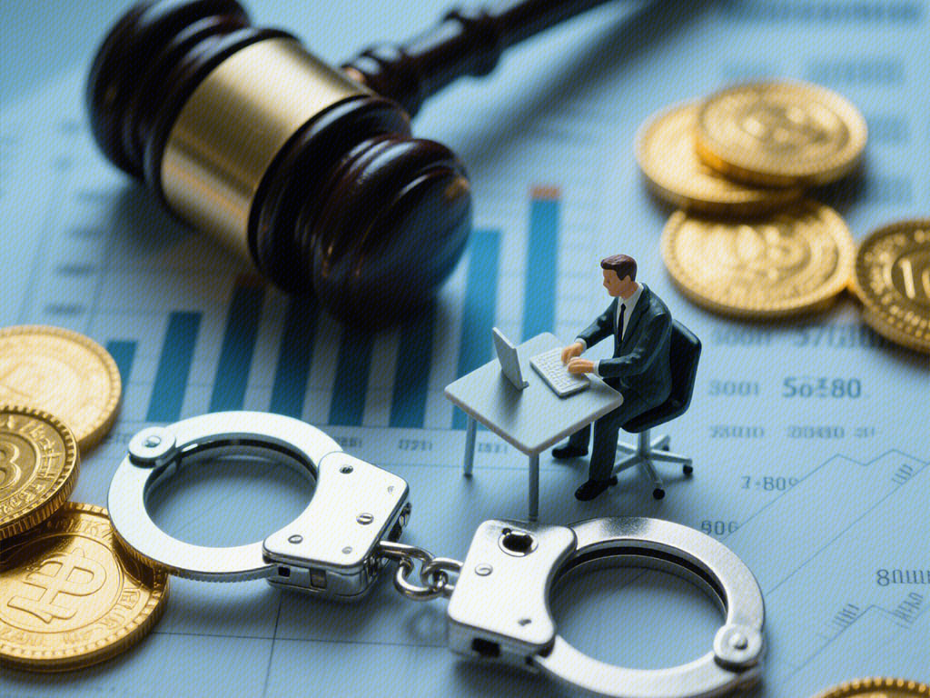 员工被起诉 员工承担刑责 法槌 手铐 金币 资金 金融